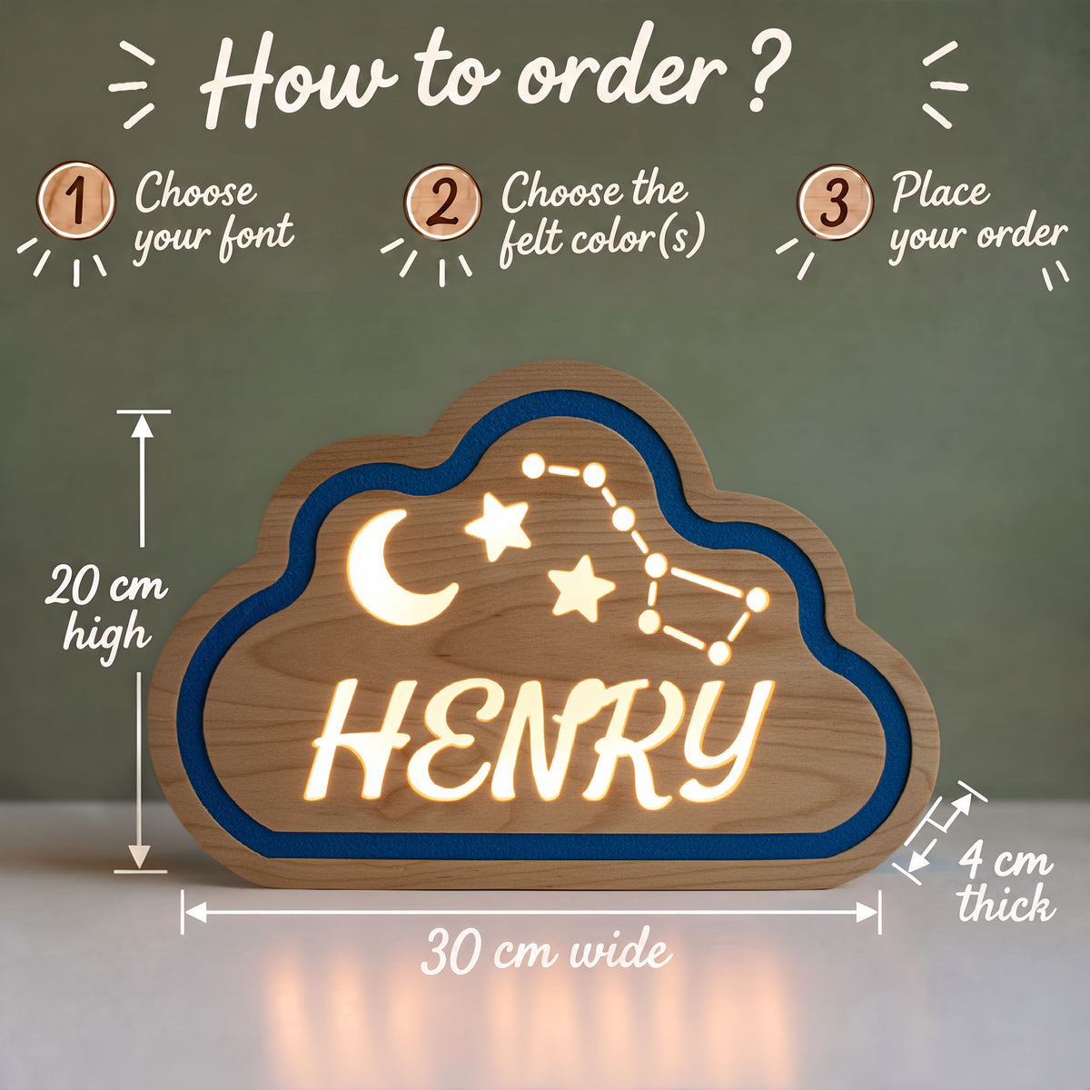 How to order: choose your font, choose the felt colour, place your order. 30 cm wide, 20 cm high, 4 cm thick