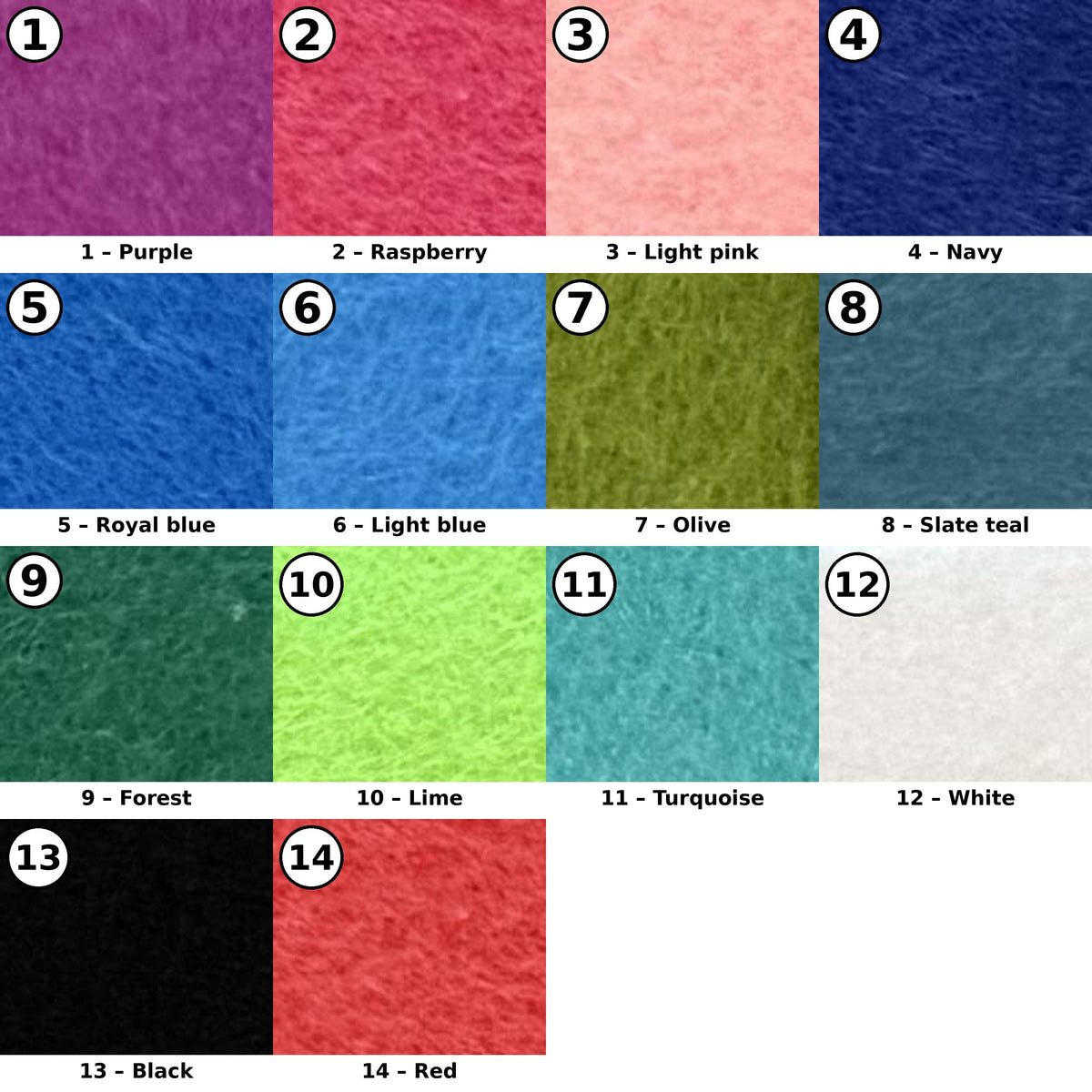 Felt colour choices for Meriza night lights, numbered 1 to 14
