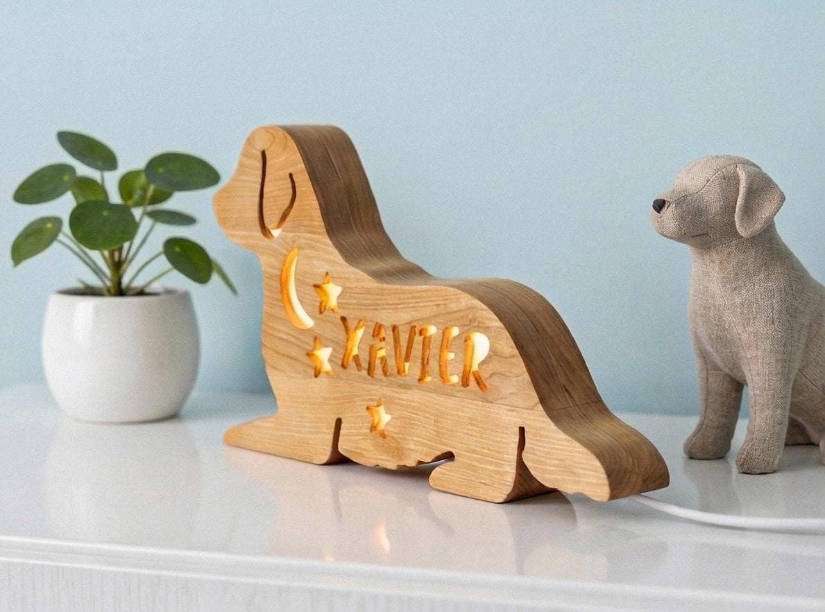 Personalized Dog Night Light Wood, Custom Name Kids Lamp Golden Retriever, Nurse