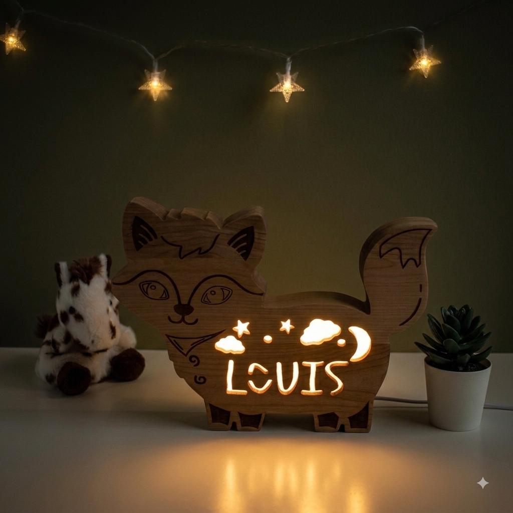 Personalized Solid Wood Fox Night Light | LED Lamp With Name for Baby Room | New