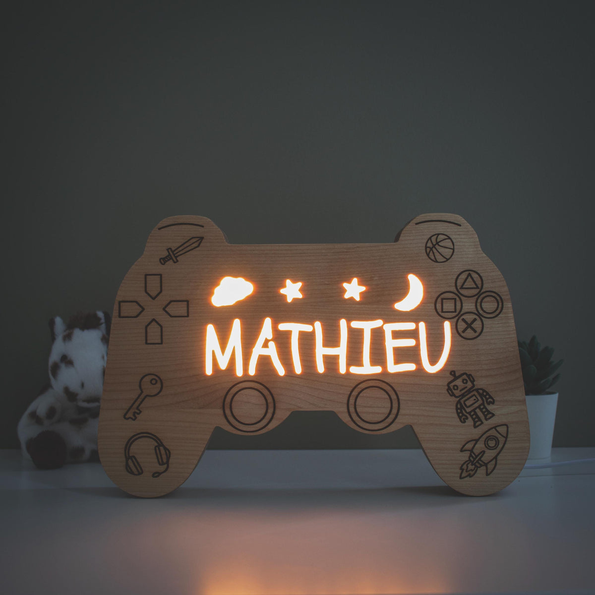 Personalized Wooden Gamer Controller Night Light, Engraved Name Gaming Lamp for