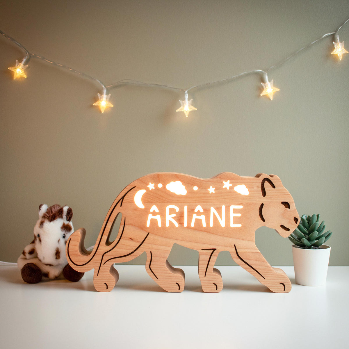 Personalized Black Panther Night Light, Solid Hardwood Jungle Lamp, Dimmable LED
