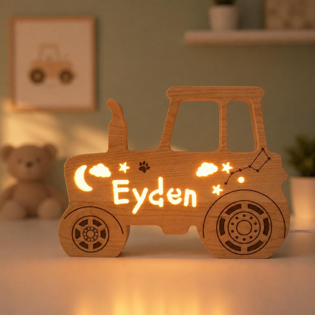 Personalized Solid Wood Tractor Night Light with Name, Low-Voltage Dimmable LED