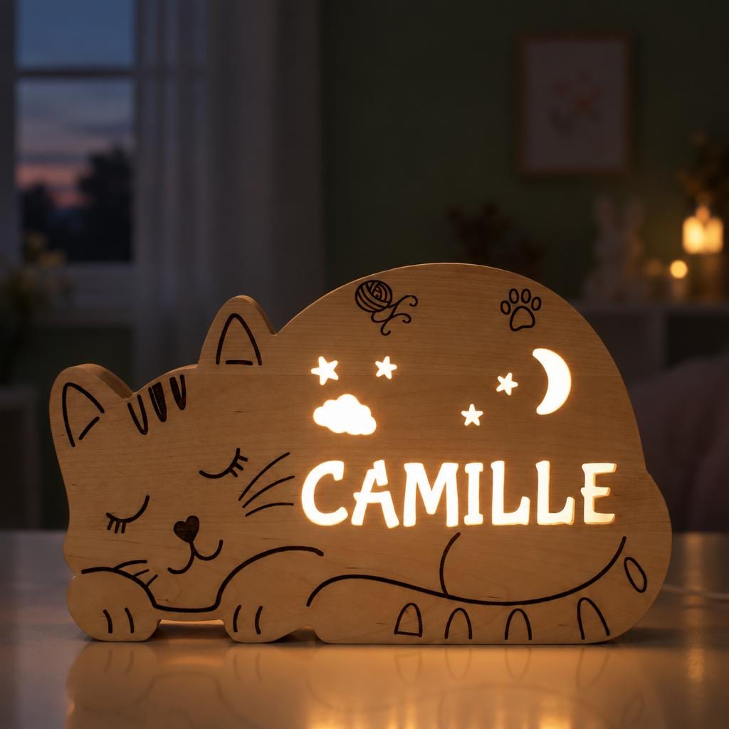 Personalized Cat Night Light Solid Wood, Engraved LED Name Lamp, Baby Shower Gif