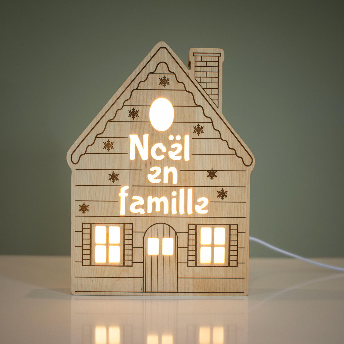 Personalized Wooden Christmas House Night Light, Custom Family Name, Solid Birch