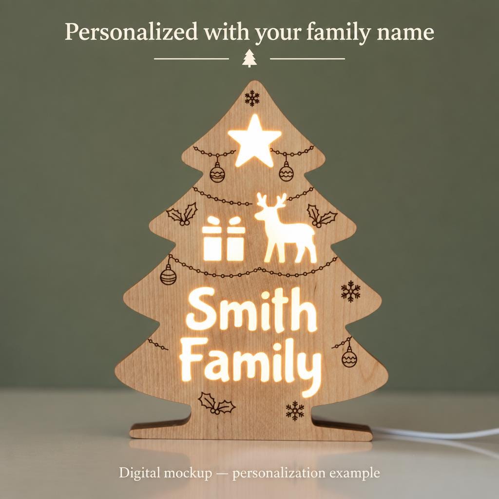 Personalized Christmas Tree Night Light, Wooden Family Name Lamp, Christmas Gift