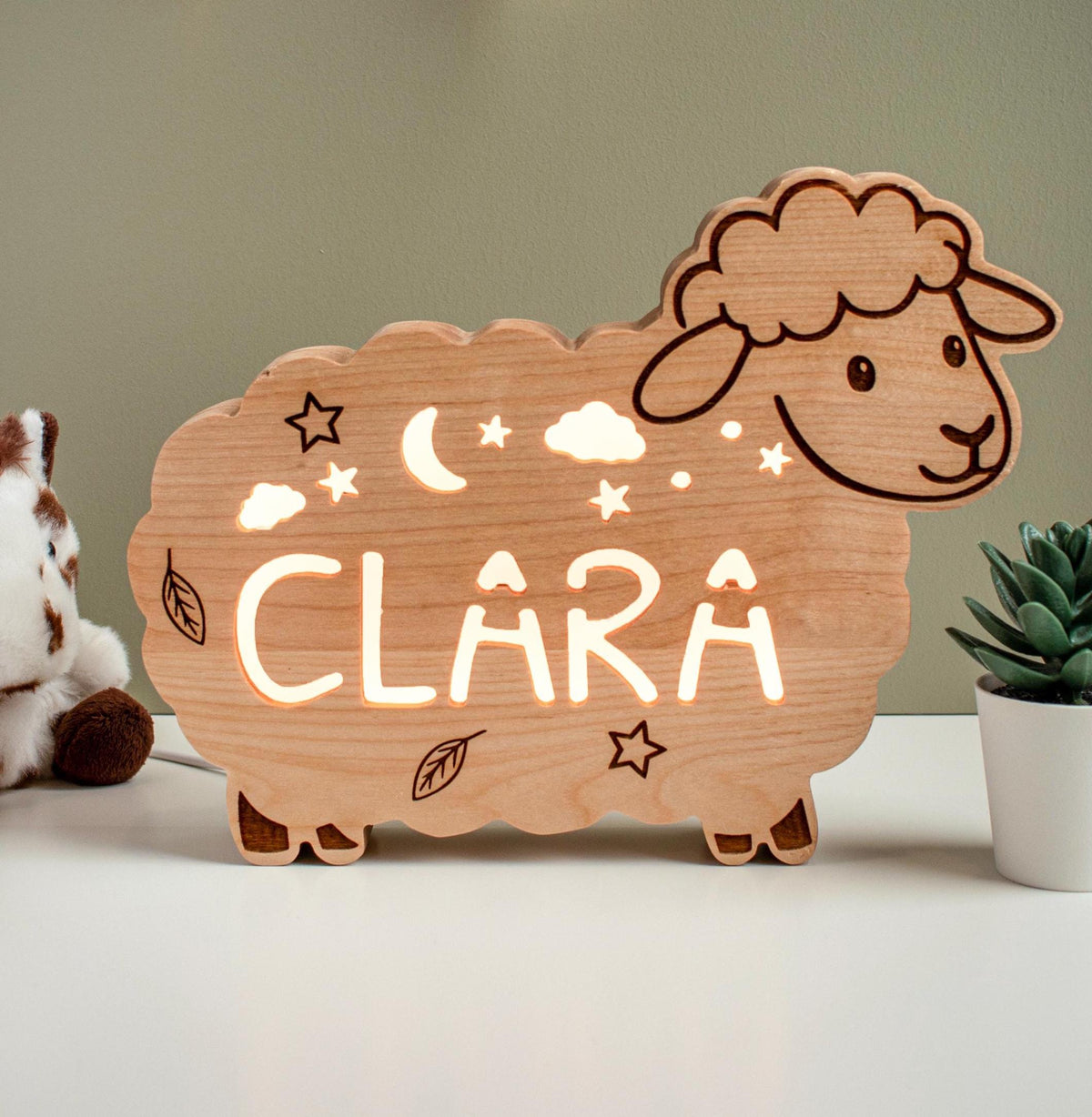 Personalized Sheep Night Light, Solid Wood, Dimmable LED Name Lamp (Baby Nursery