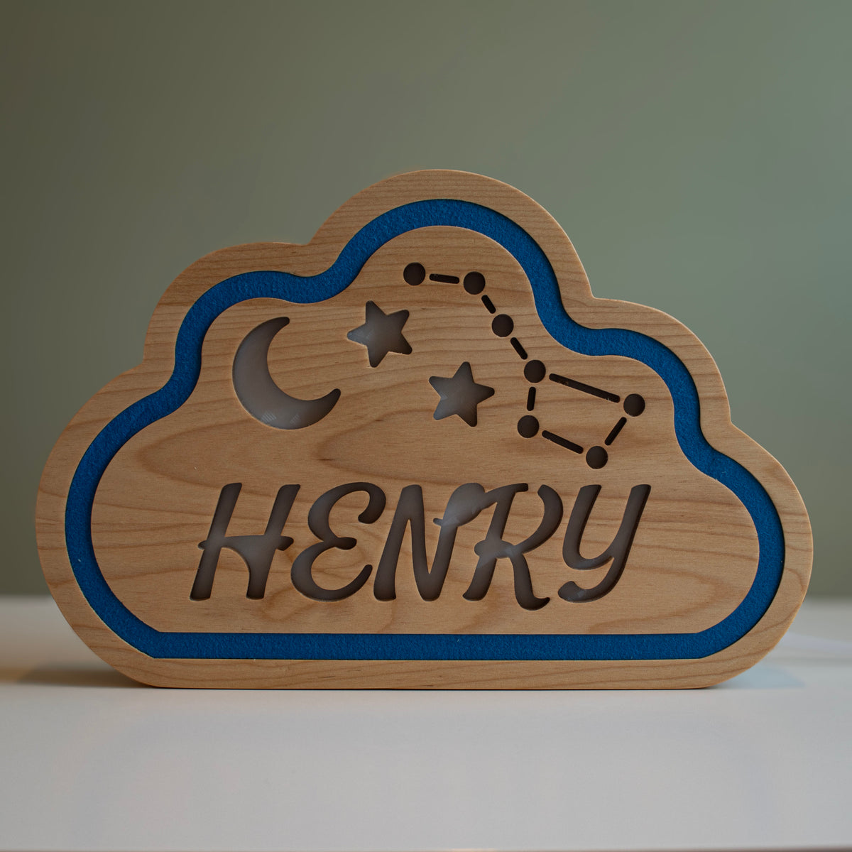 Cloud night light, Henry, unlit, by day, wood and blue felt frame