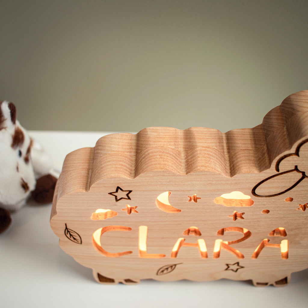 Personalized Sheep Night Light, Solid Wood, Dimmable LED Name Lamp (Baby Nursery