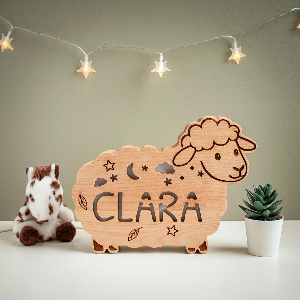Personalized Sheep Night Light, Solid Wood, Dimmable LED Name Lamp (Baby Nursery