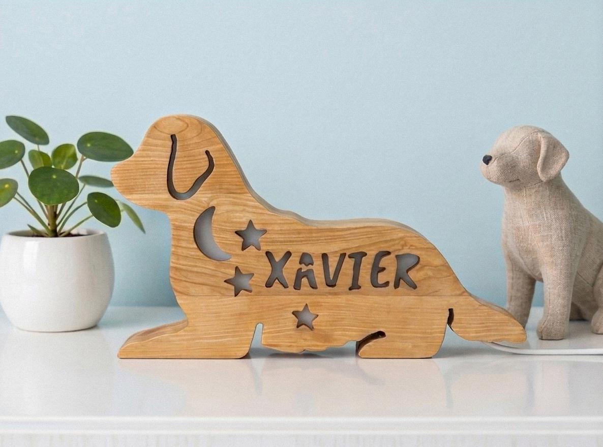 Personalized Dog Night Light Wood, Custom Name Kids Lamp Golden Retriever, Nurse