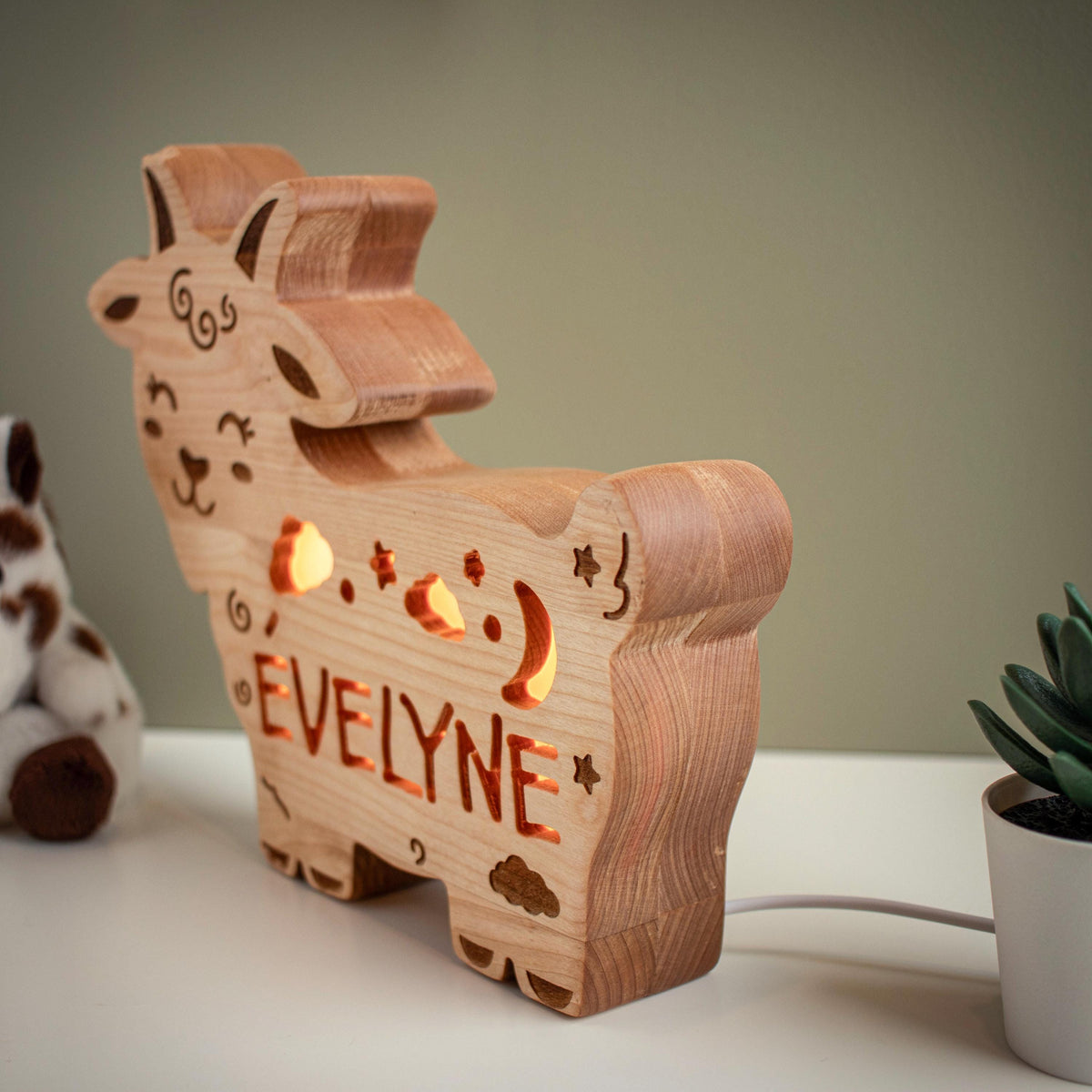 Personalized Wooden Goat Night Light | Custom Name Kids Lamp | Unique Baby Showe