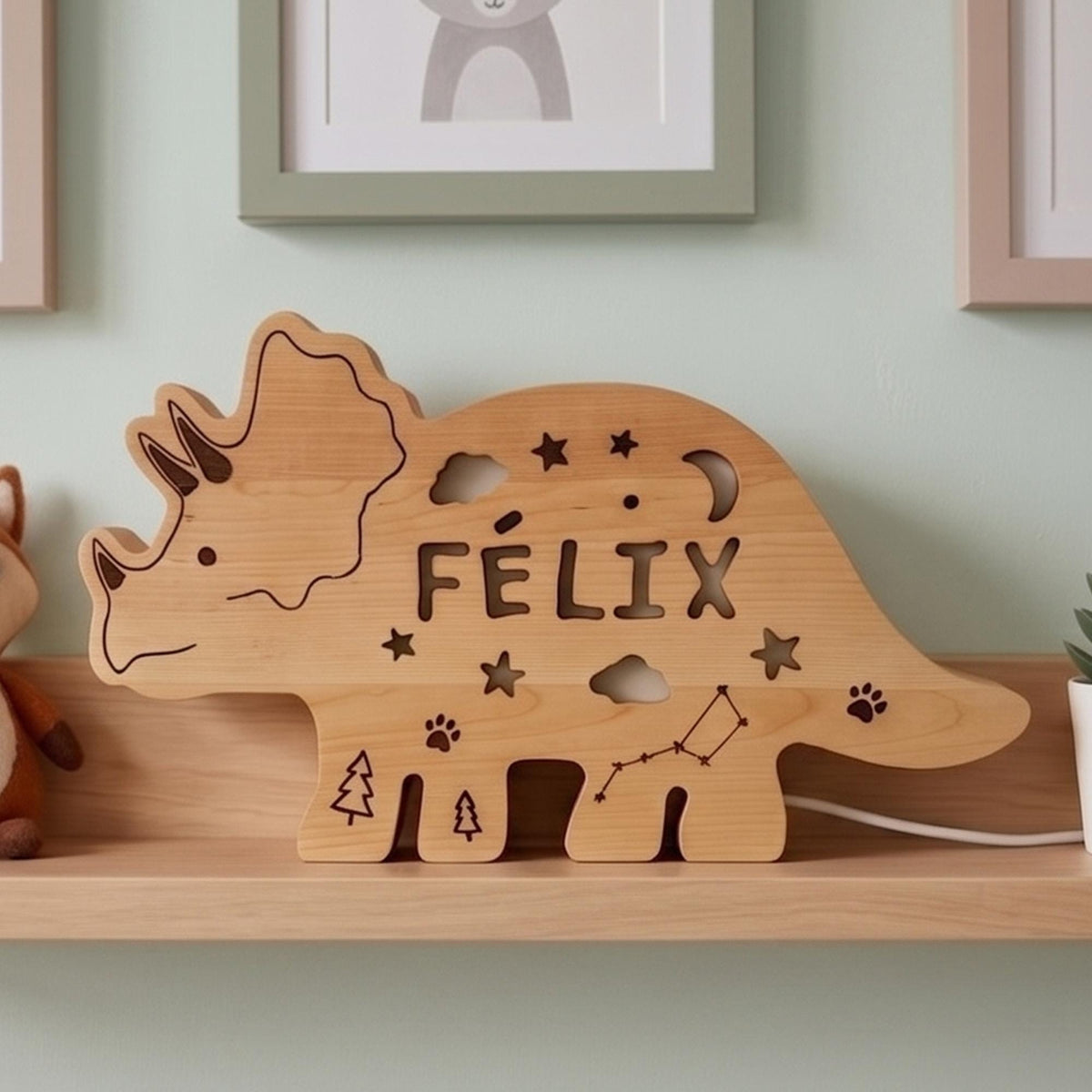 Personalized Dinosaur Night Light Solid Wood, Triceratops Name Light LED Kids Ro