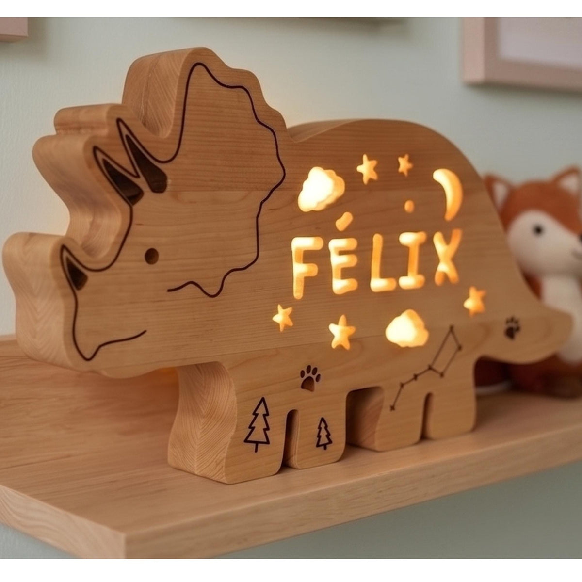Personalized Dinosaur Night Light Solid Wood, Triceratops Name Light LED Kids Ro