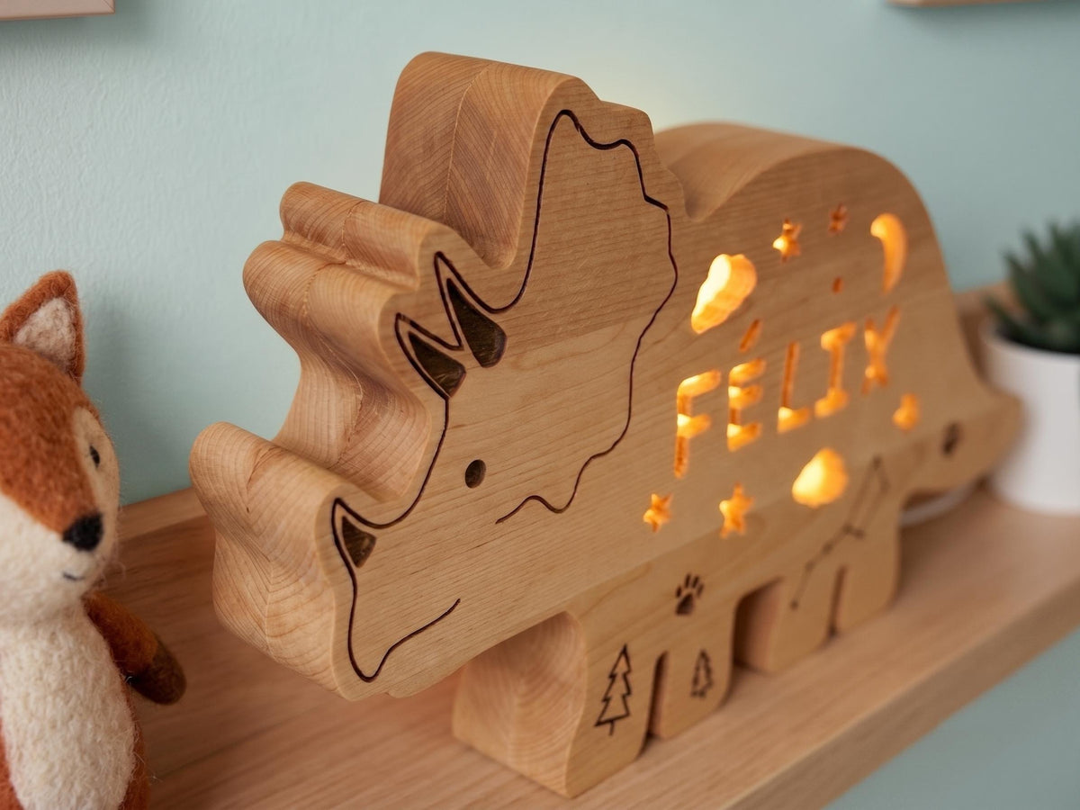 Personalized Dinosaur Night Light Solid Wood, Triceratops Name Light LED Kids Ro