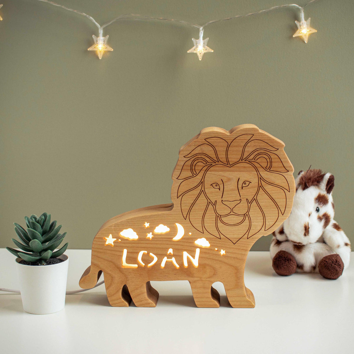 Personalized Lion Night Light Wood - Custom Name Baby Nursery Lamp - Engraved Wo
