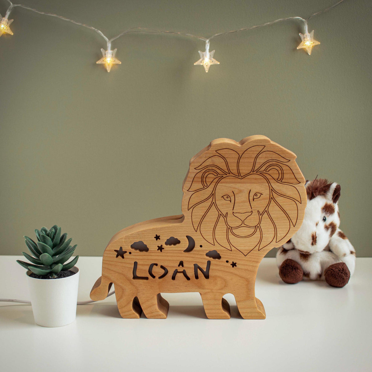 Personalized Lion Night Light Wood - Custom Name Baby Nursery Lamp - Engraved Wo