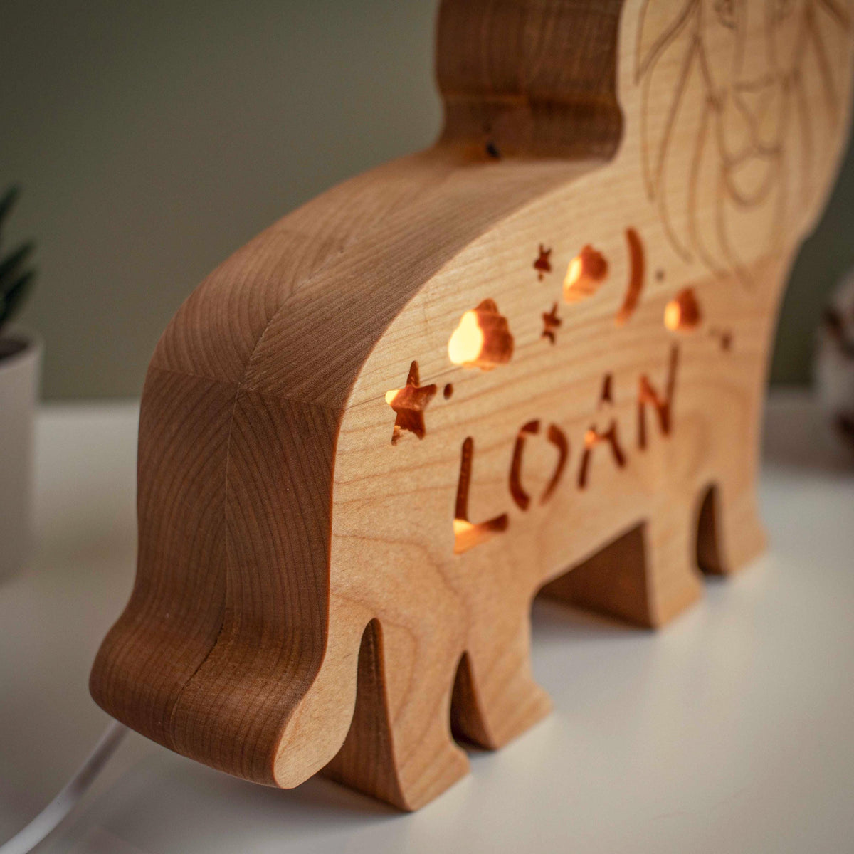 Personalized Lion Night Light Wood - Custom Name Baby Nursery Lamp - Engraved Wo