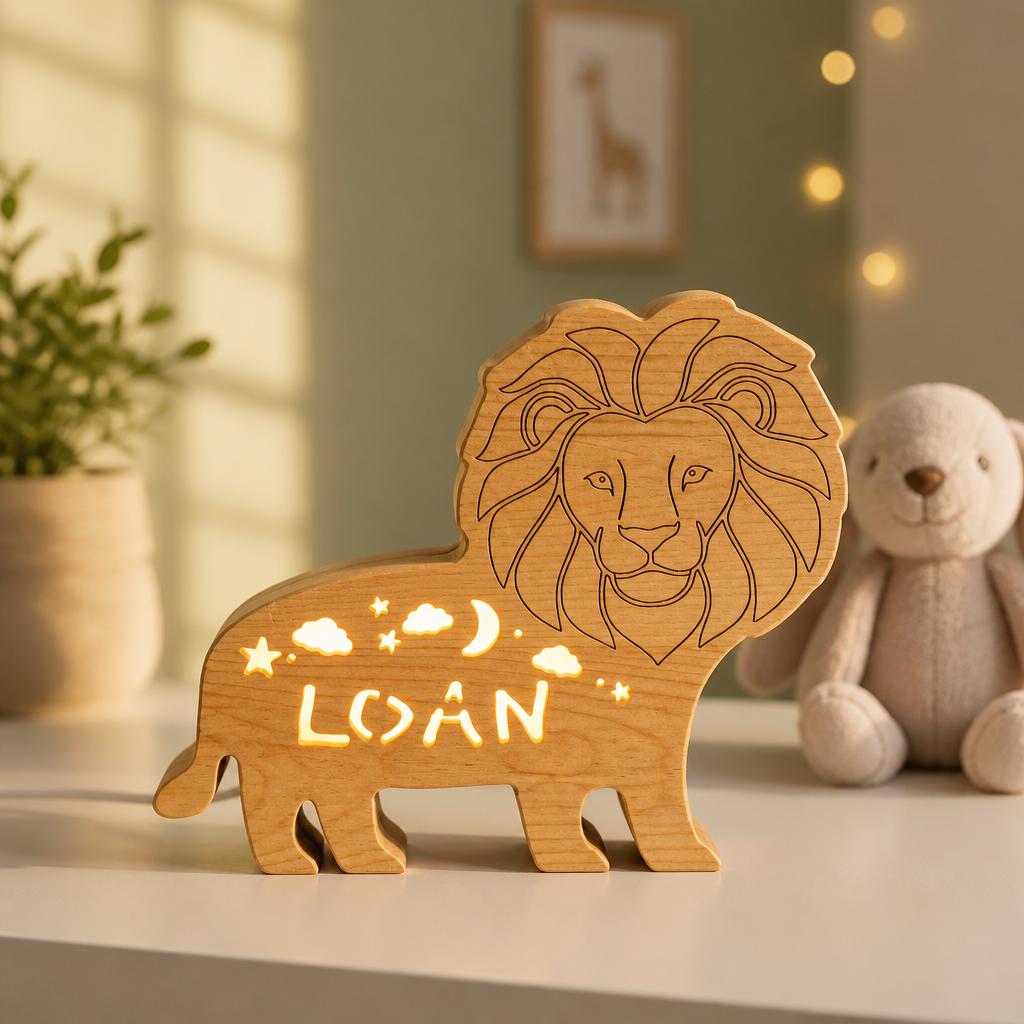 Personalized Lion Night Light Wood - Custom Name Baby Nursery Lamp - Engraved Wo