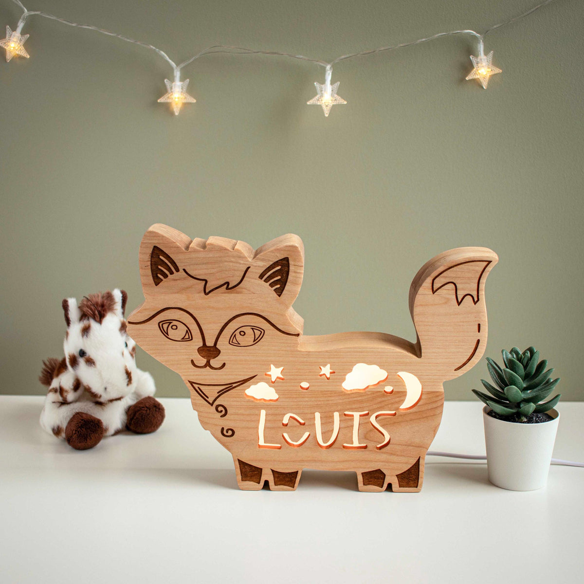 Personalized Solid Wood Fox Night Light | LED Lamp With Name for Baby Room | New