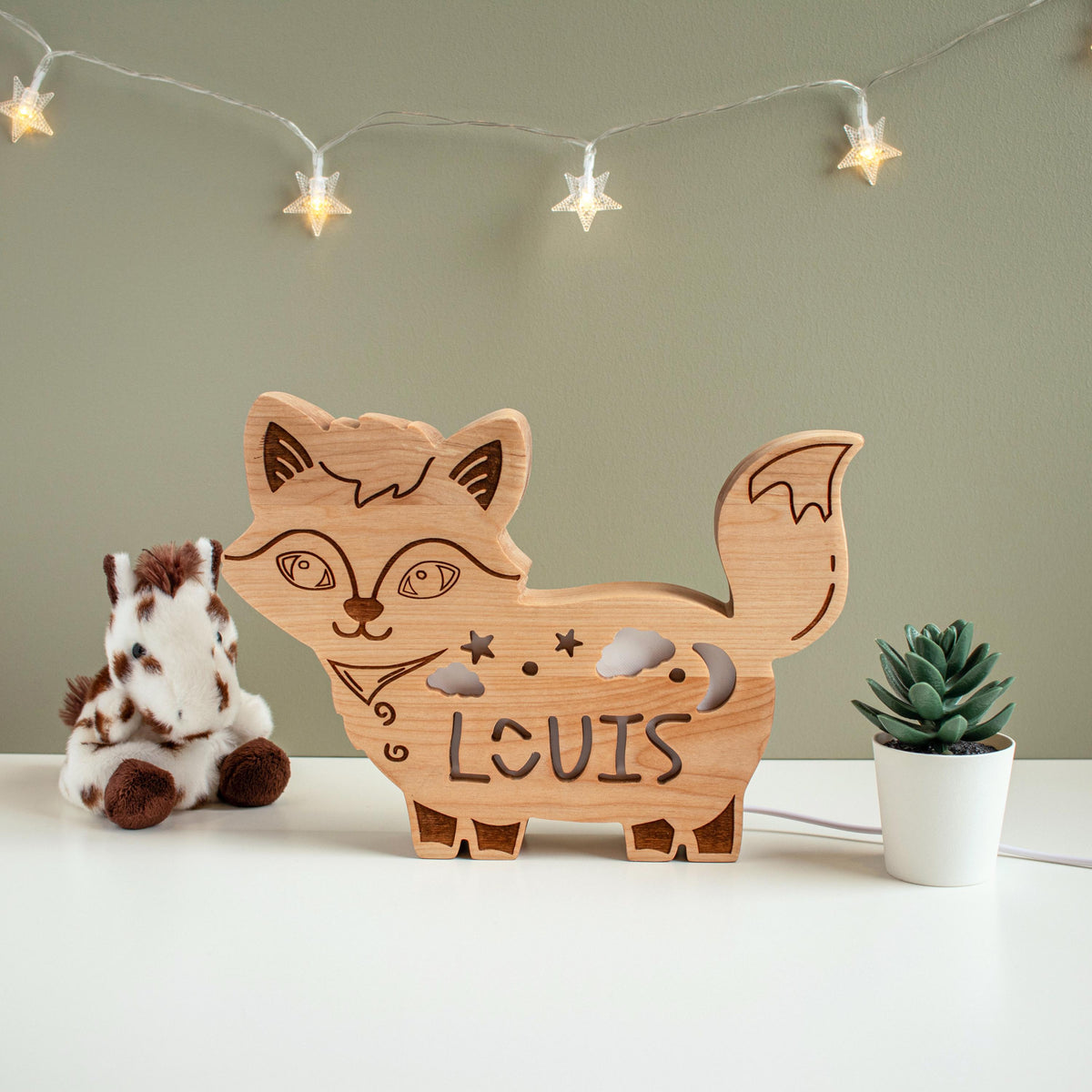 Personalized Solid Wood Fox Night Light | LED Lamp With Name for Baby Room | New