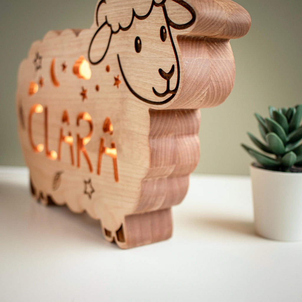 Personalized Sheep Night Light, Solid Wood, Dimmable LED Name Lamp (Baby Nursery