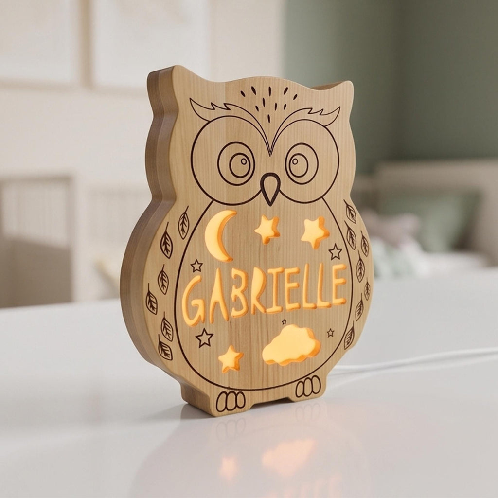 Solid Wood Owl Night Light | Dimmable LED Kids Lamp | Baby Nursery Decor