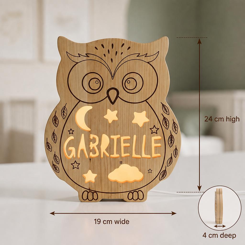 Solid Wood Owl Night Light | Dimmable LED Kids Lamp | Baby Nursery Decor