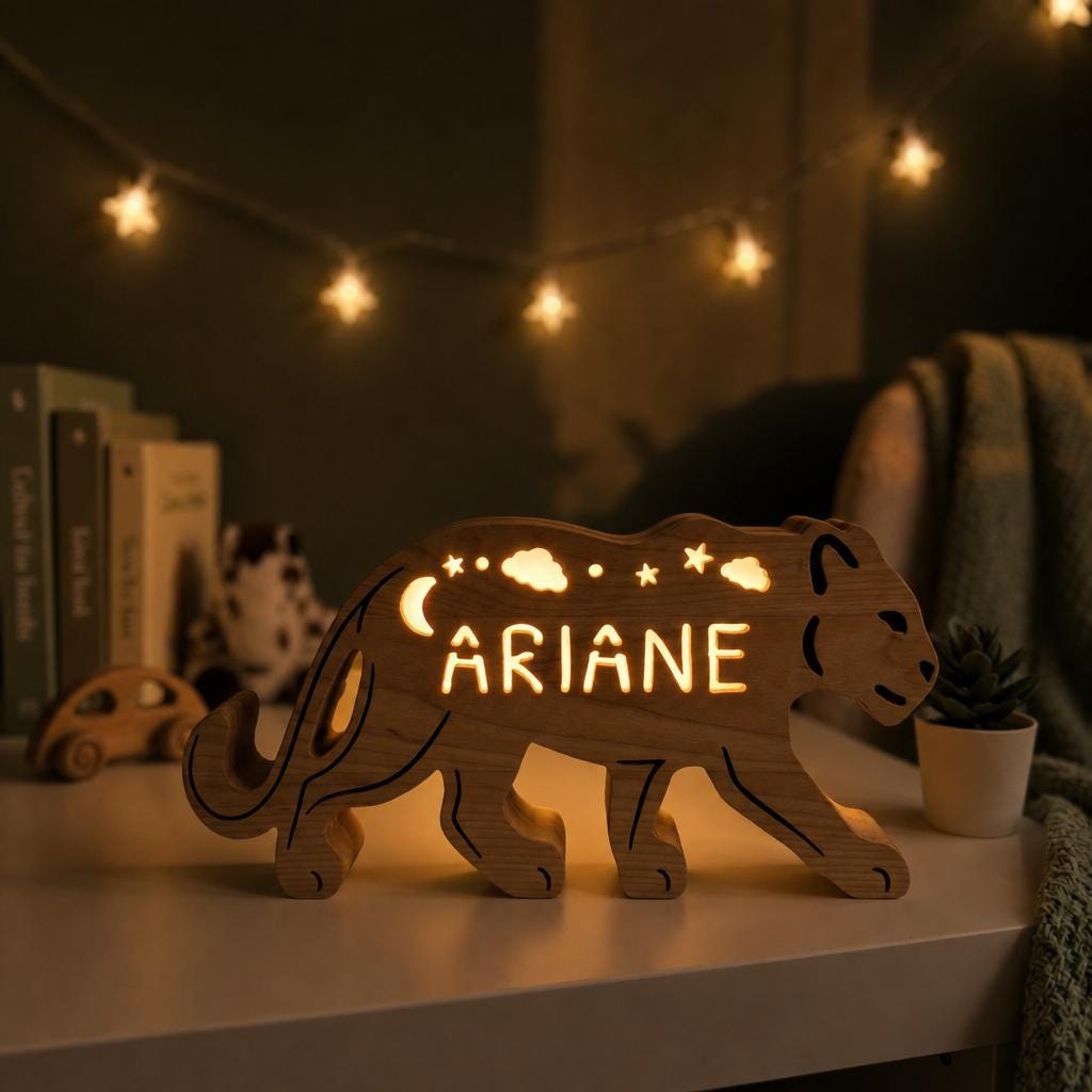 Personalized Black Panther Night Light, Solid Hardwood Jungle Lamp, Dimmable LED