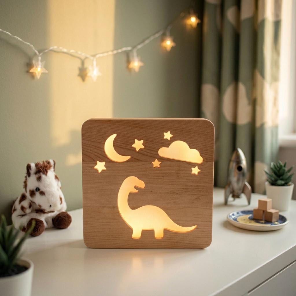 Solid Wood Dinosaur Night Light - Dimmable LED Kids Lamp - Unique New Baby Gift 