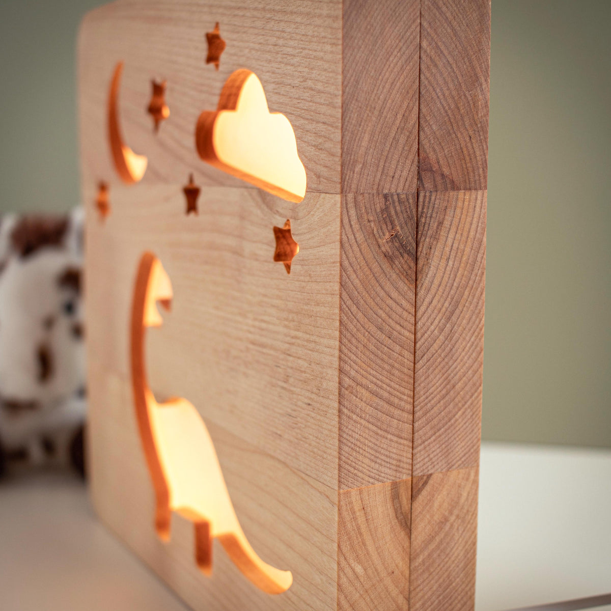 Solid Wood Dinosaur Night Light - Dimmable LED Kids Lamp - Unique New Baby Gift 