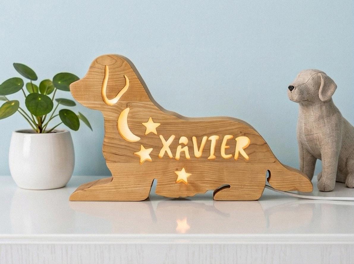 Personalized Dog Night Light Wood, Custom Name Kids Lamp Golden Retriever, Nurse