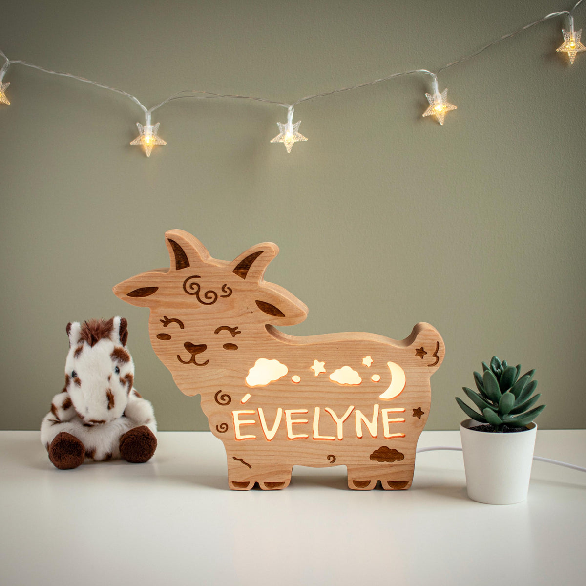 Personalized Wooden Goat Night Light | Custom Name Kids Lamp | Unique Baby Showe