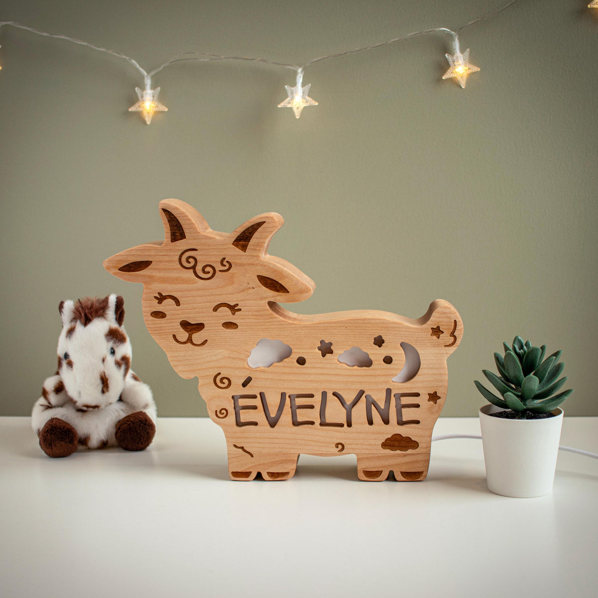 Personalized Wooden Goat Night Light | Custom Name Kids Lamp | Unique Baby Showe