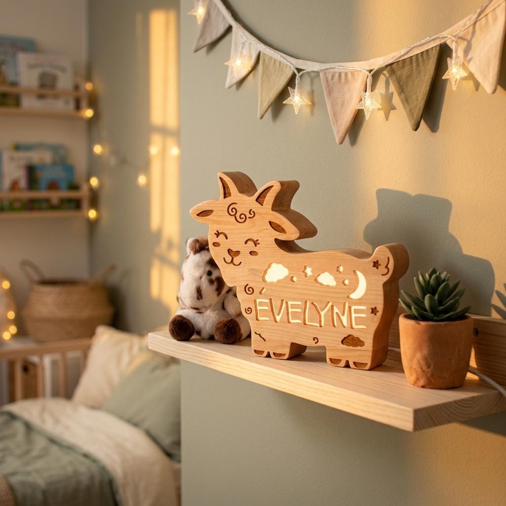 Personalized Wooden Goat Night Light | Custom Name Kids Lamp | Unique Baby Showe