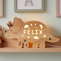 Personalized Dinosaur Night Light Solid Wood, Triceratops Name Light LED Kids Ro