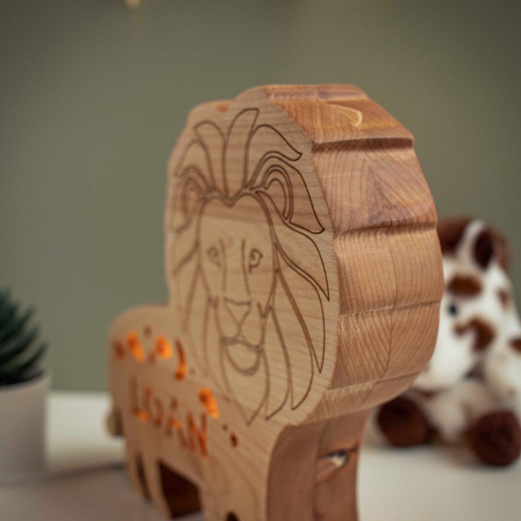 Personalized Lion Night Light Wood - Custom Name Baby Nursery Lamp - Engraved Wo