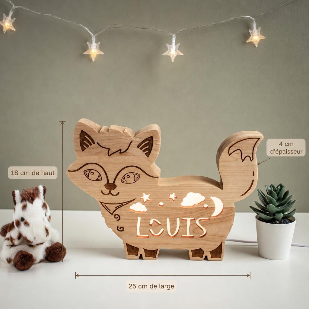 Personalized Solid Wood Fox Night Light | LED Lamp With Name for Baby Room | New
