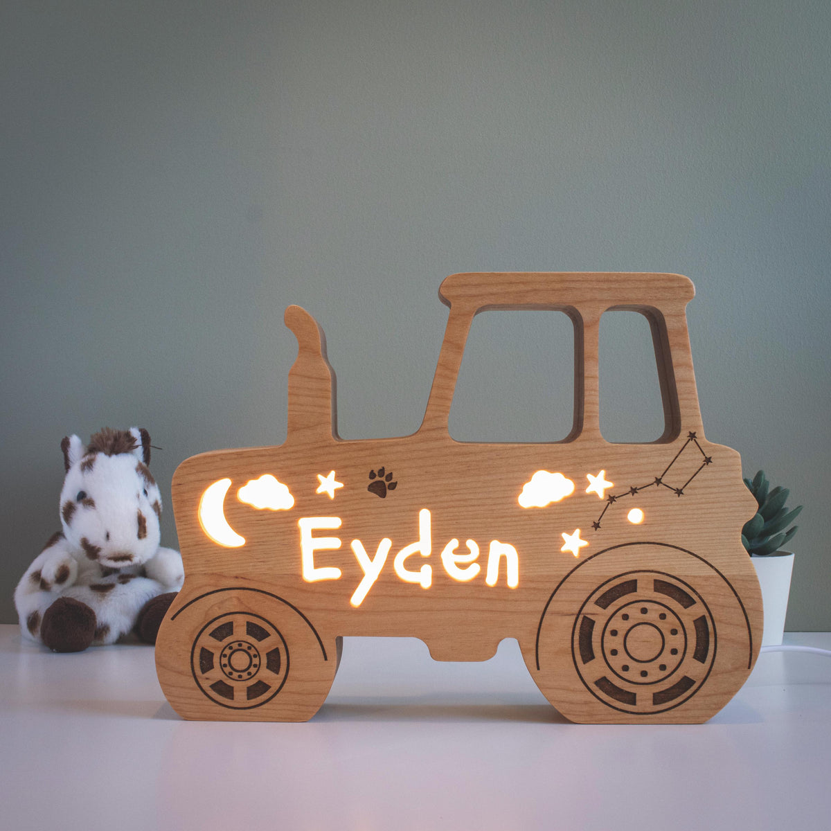 Personalized Solid Wood Tractor Night Light with Name, Low-Voltage Dimmable LED