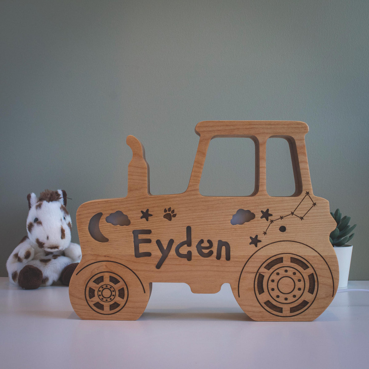 Personalized Solid Wood Tractor Night Light with Name, Low-Voltage Dimmable LED