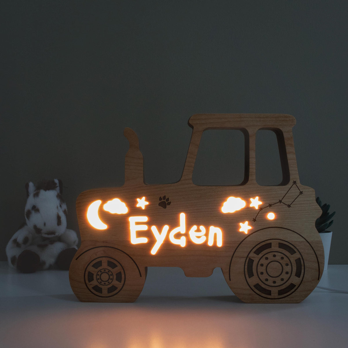 Personalized Solid Wood Tractor Night Light with Name, Low-Voltage Dimmable LED