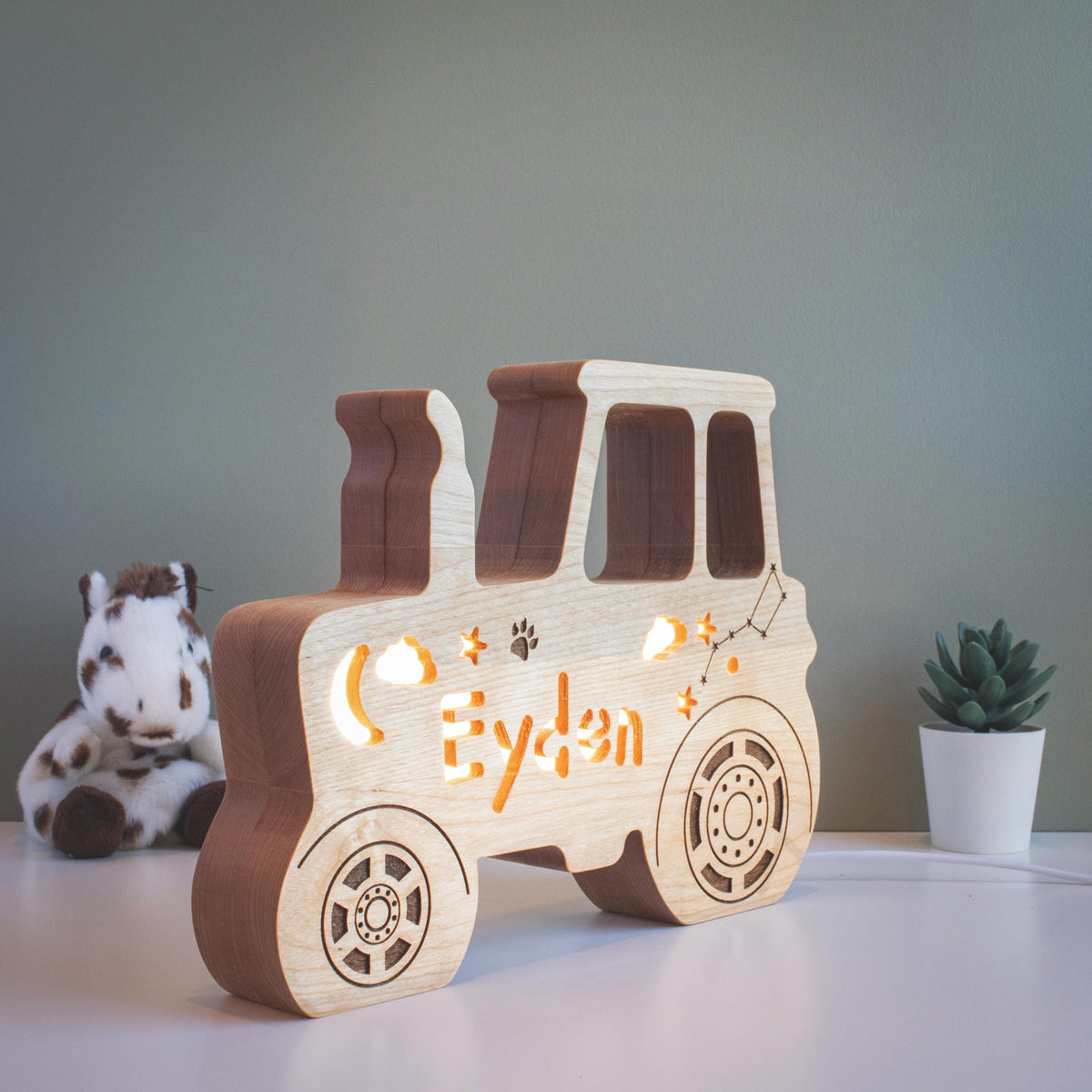Personalized Solid Wood Tractor Night Light with Name, Low-Voltage Dimmable LED