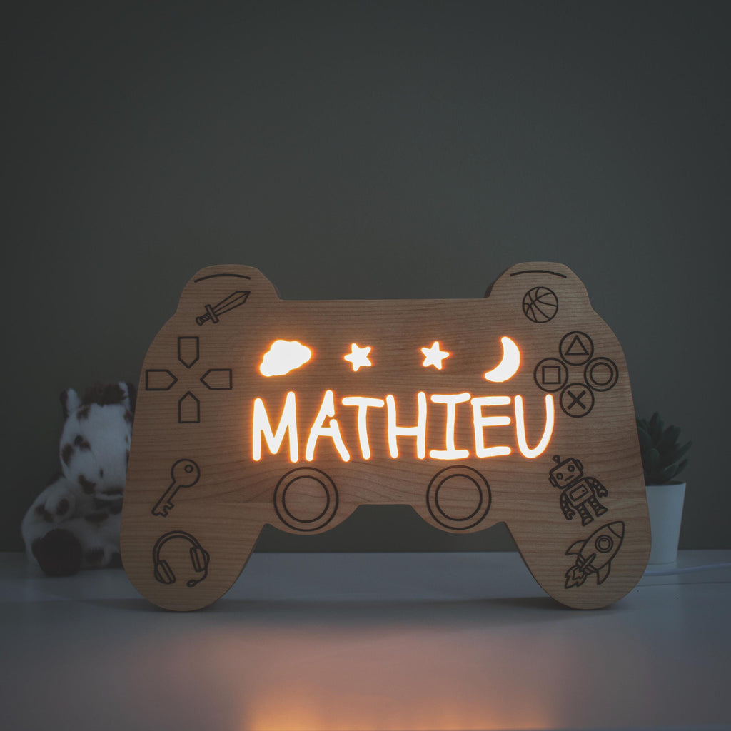 Personalized Wooden Gamer Controller Night Light, Engraved Name Gaming Lamp for 