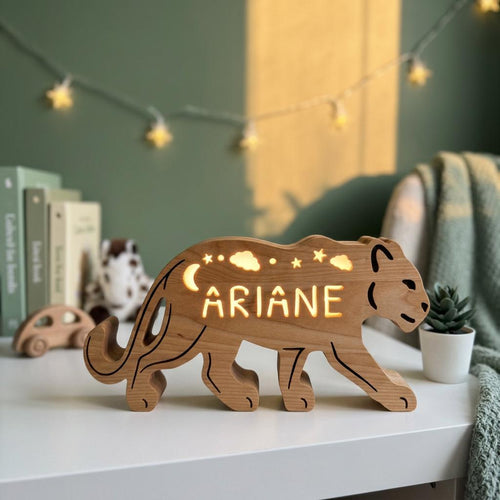 Personalized Black Panther Night Light, Solid Hardwood Jungle Lamp, Dimmable LED