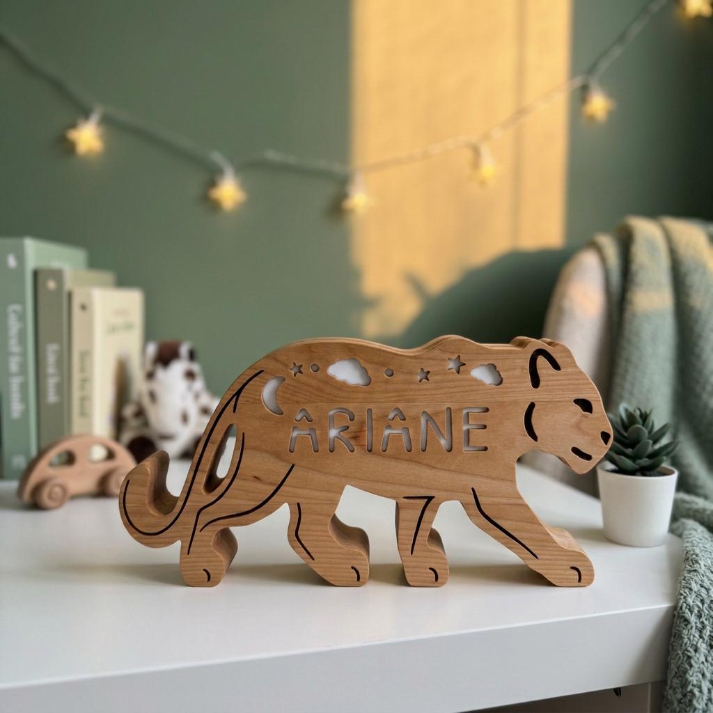Personalized Black Panther Night Light, Solid Hardwood Jungle Lamp, Dimmable LED