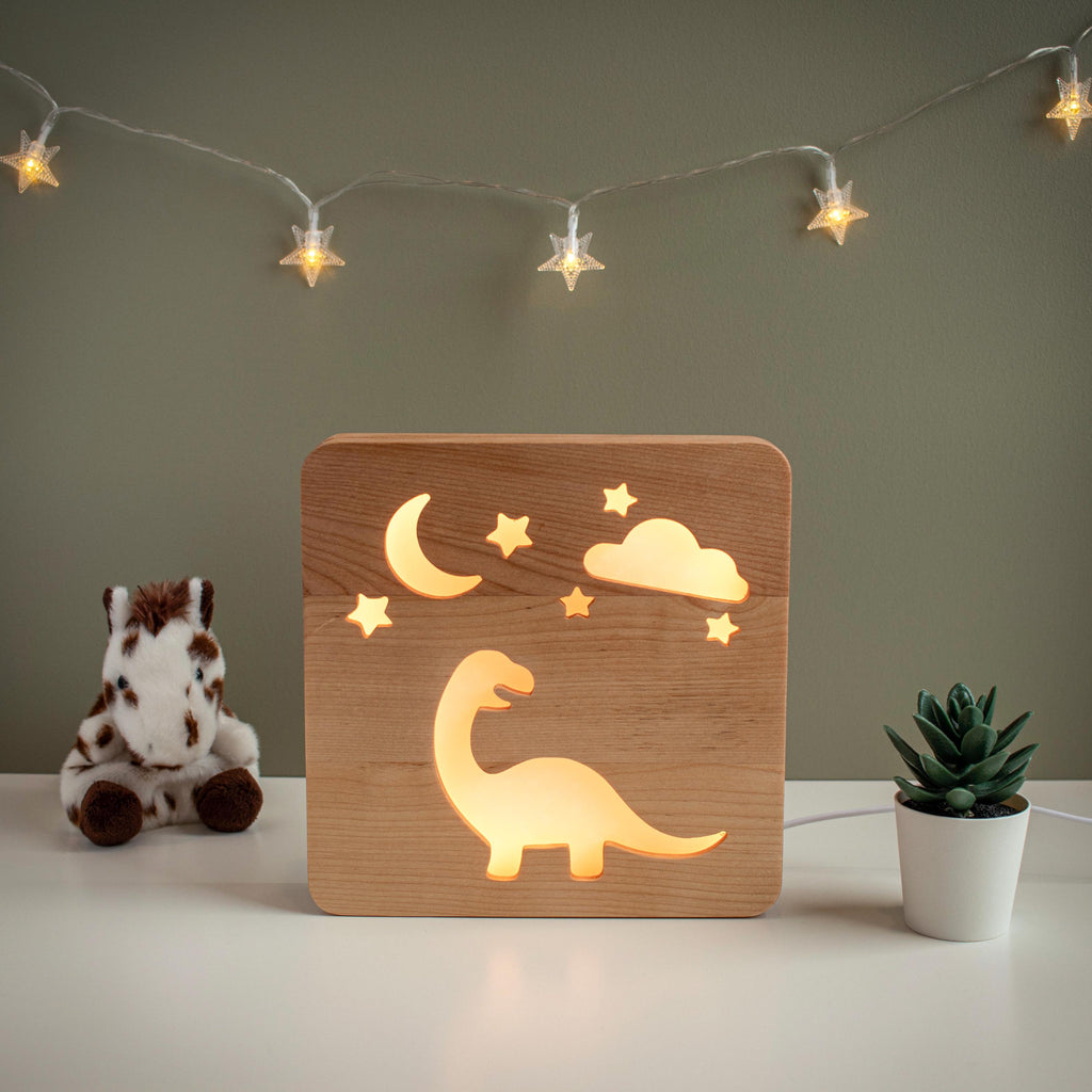 Solid Wood Dinosaur Night Light - Dimmable LED Kids Lamp - Unique New Baby Gift 