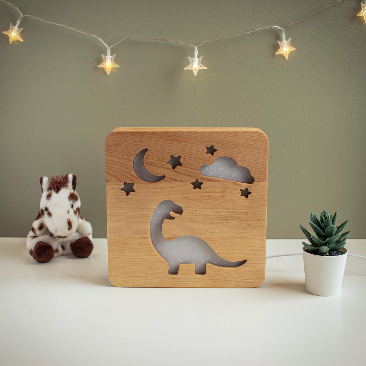Solid Wood Dinosaur Night Light - Dimmable LED Kids Lamp - Unique New Baby Gift 