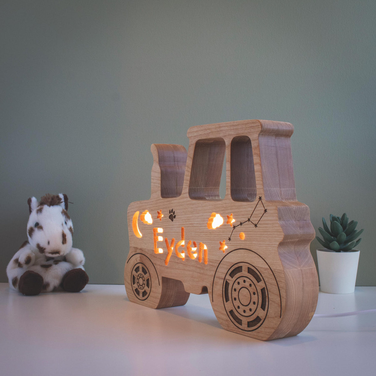 Personalized Solid Wood Tractor Night Light with Name, Low-Voltage Dimmable LED