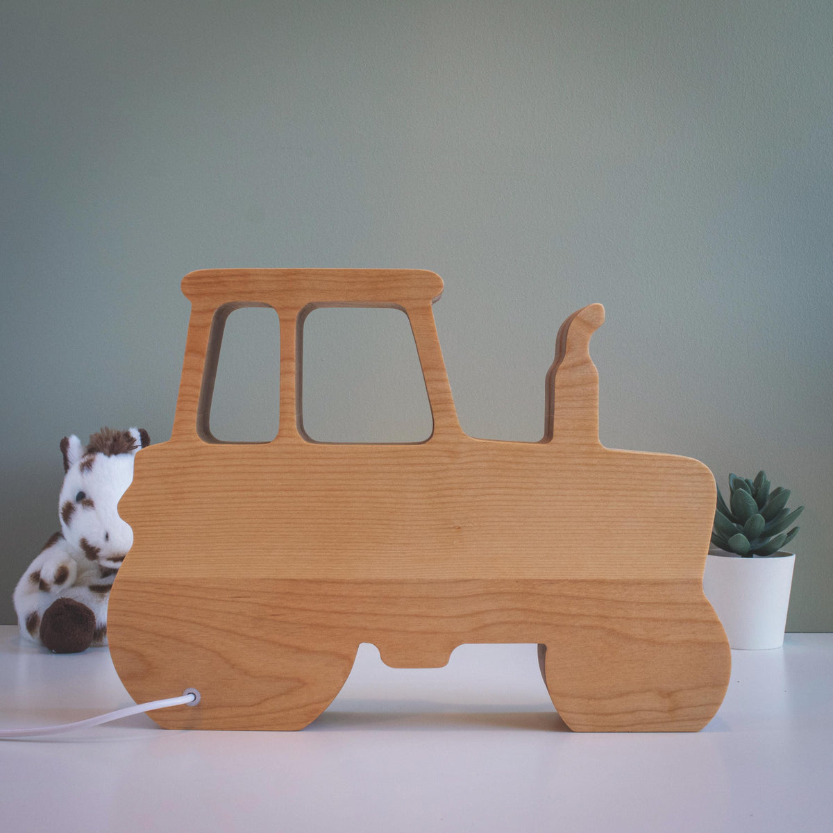 Personalized Solid Wood Tractor Night Light with Name, Low-Voltage Dimmable LED