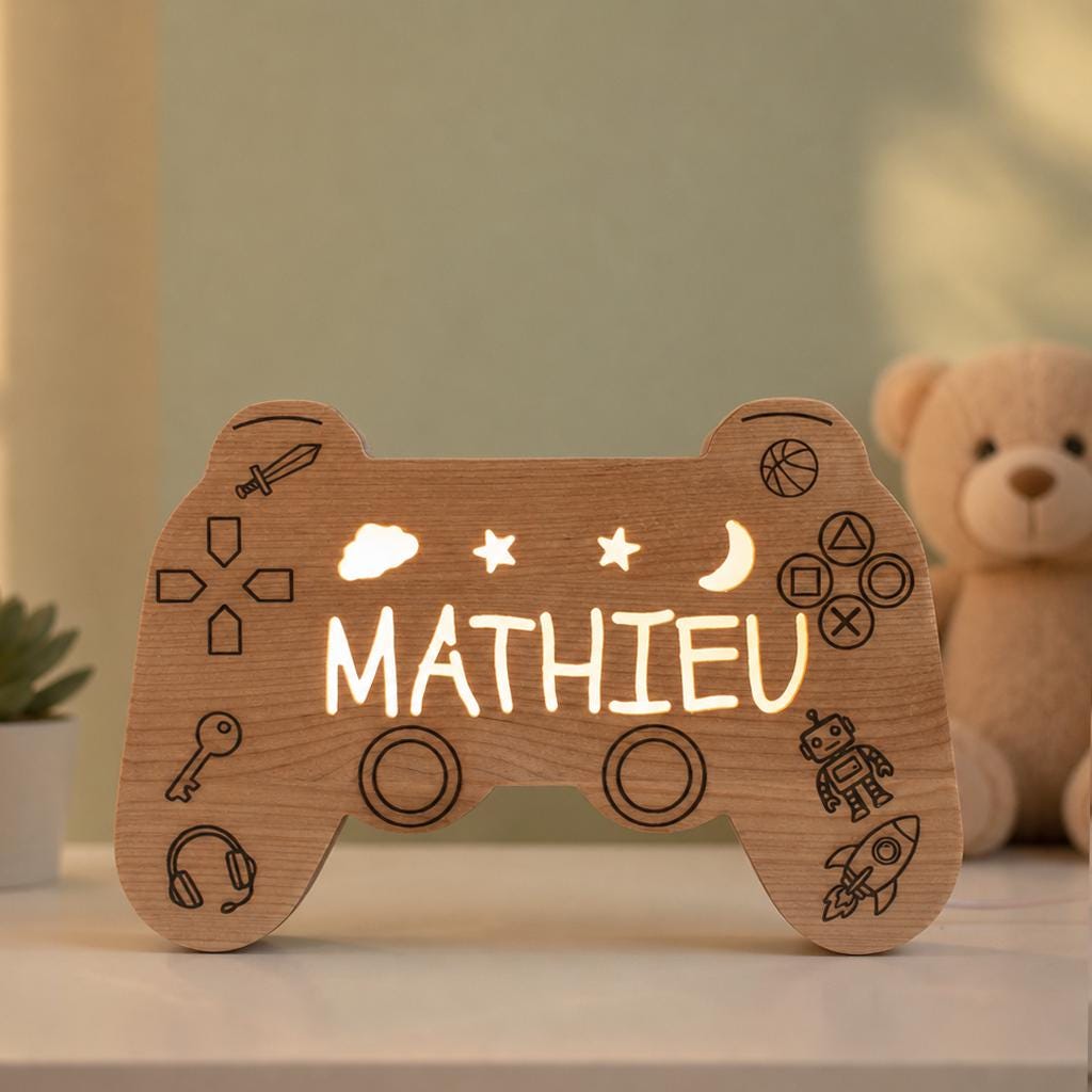 Personalized Wooden Gamer Controller Night Light, Engraved Name Gaming Lamp for 